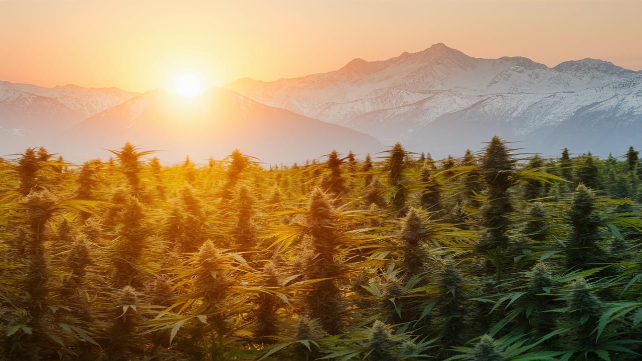 Image of hemp plants in a valley with mountains and the sun rising.